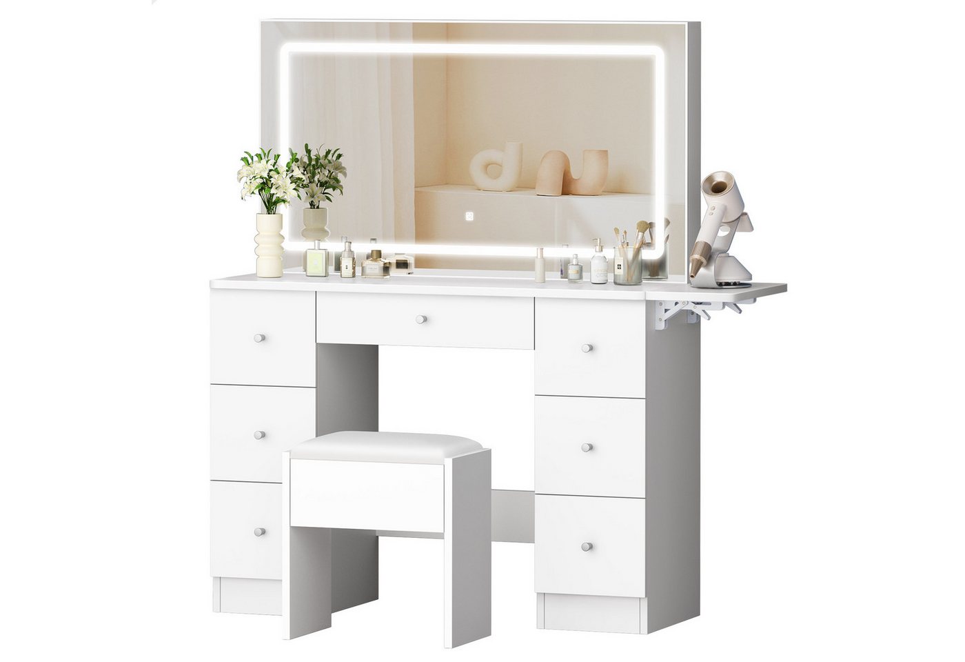 ALFORDSON Schminktisch mit LED-Spiegel, 7 Schubladen und Steckdosen, Schminktisch-Hocker-Set (1-St., Schminktisch-Set mit Stauraumhocker und klappbarer Tischplatte), 3 Farbmodus-Lichter und 10-stufige Dimmbarkeit von ALFORDSON