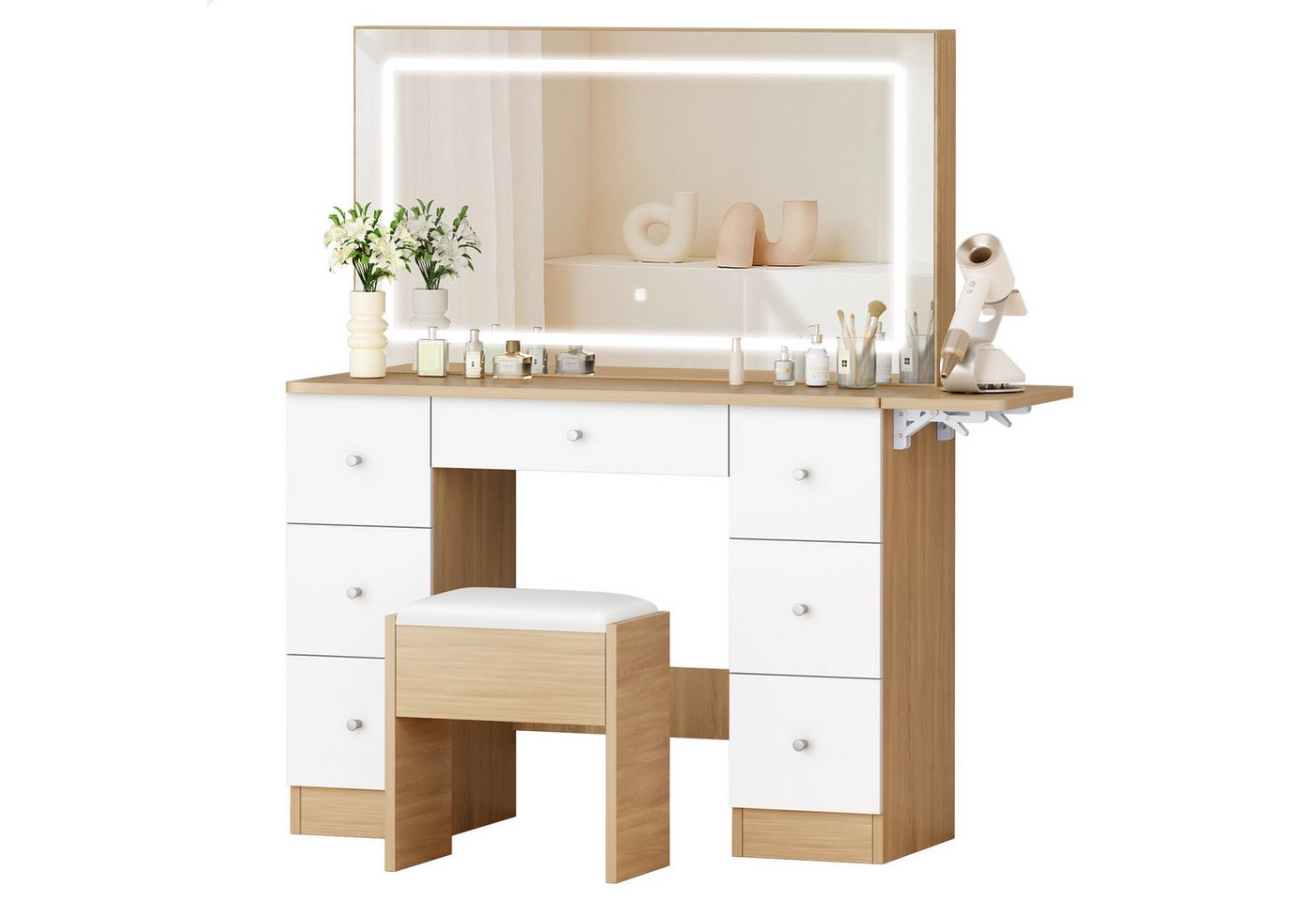 ALFORDSON Schminktisch mit LED-Spiegel, 7 Schubladen und Steckdosen, Schminktisch-Hocker-Set (1-St., Schminktisch-Set mit Stauraumhocker und klappbarer Tischplatte), 3 Farbmodus-Lichter und 10-stufige Dimmbarkeit von ALFORDSON