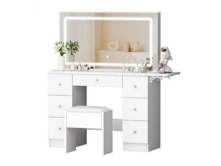 ALFORDSON Schminktisch mit LED-Spiegel, 7 Schubladen und Steckdosen, Schminktisch-Hocker-Set (1-St., Schminktisch-Set mit Stauraumhocker und klappbarer Tischplatte), 3 Farbmodus-Lichter und 10-stufige Dimmbarkeit von ALFORDSON