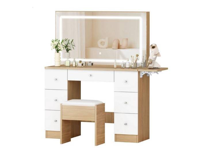 ALFORDSON Schminktisch mit LED-Spiegel, 7 Schubladen und Steckdosen, Schminktisch-Hocker-Set (1-St., Schminktisch-Set mit Stauraumhocker und klappbarer Tischplatte), 3 Farbmodus-Lichter und 10-stufige Dimmbarkeit von ALFORDSON