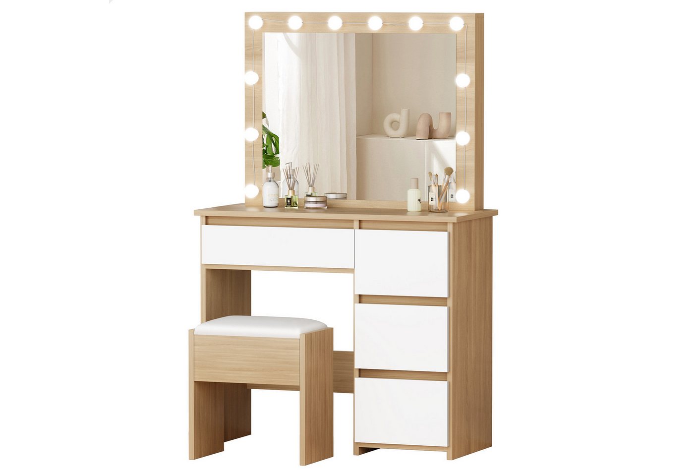 ALFORDSON Schminktisch mit Spiegel, 4 Schubladen & Aufbewahrungshocker, LED-Beleuchtung (Schminktisch-Set für Damen- und Mädchenschlafzimmer, 1-St), 90 cm lange Schreibtischplatte von ALFORDSON