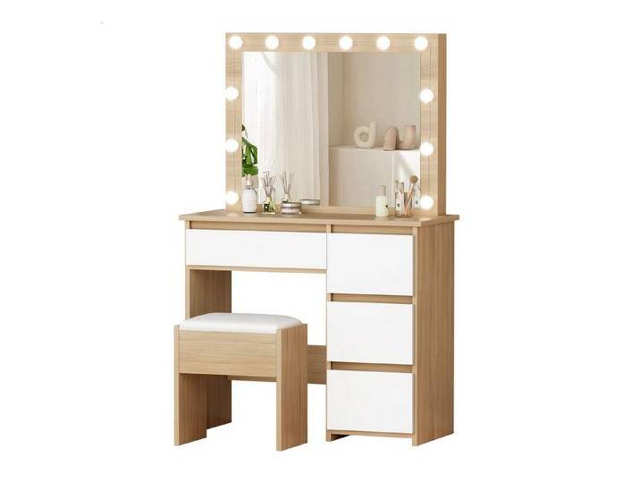 ALFORDSON Schminktisch mit Spiegel, 4 Schubladen & Aufbewahrungshocker, LED-Beleuchtung (Schminktisch-Set für Damen- und Mädchenschlafzimmer, 1-St), 90 cm lange Schreibtischplatte von ALFORDSON