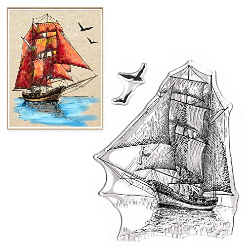 ALIBBON Bootshintergrund Klare Stempel für Kartenherstellung und Fotoalbum Dekorationen, Segelboot Briefmarken, Meeresboot Möwe Landschaft Transparente Silikonstempel für Basteln und DIY Scrapbooking von Alibbon