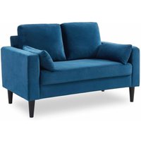 2-Sitzer-Vintage-Sofa mit Samt und Füßen aus Hevea-Holz, Samt, Blau - Blau - Sweeek von SWEEEK