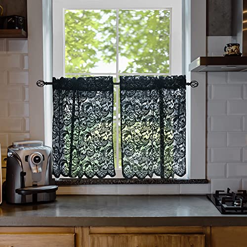 ALIGOGO Schwarze Spitzenvorhänge, 61 cm Länge, Gothic-Küchenvorhang, Fenster, kleiner Vorhang für Tür, Café-Vorhänge, Sichtschutz, Stufenvorhänge, Stangentasche, Badezimmer, Waschküche, RV, 2 Paneele von ALIGOGO