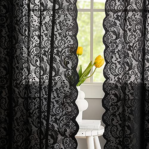 ALIGOGO Schwarze durchsichtige Spitzenvorhänge, 243.8 cm lang, viktorianischer Gothic-Vorhang mit Paisley-Blumenmuster, Retro-Vorhänge für Wohnzimmer, Halloween-Dekoration, 132x244 cm, Schwarz von ALIGOGO