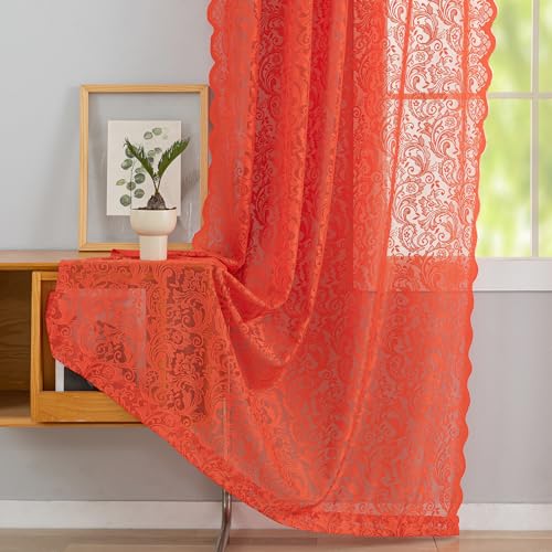 ALIGOGO Vibrant Coral Sheer Curtains 183 cm Long Set of 2 Romantic Scalloped French Door Lace Curtain Panels Privacy Flowy Embroidered Sheer Curtains Boho Style for Doorways W52 x L72, Coral von ALIGOGO