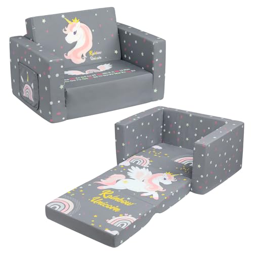 ALIMORDEN 2-in-1 ausklappbare bequeme Kleinkindcouch, schöner Kinderstuhl, umwandelbares Sofa zu Liege für Geschichten/Nickerchen, graues Einhorn von ALIMORDEN