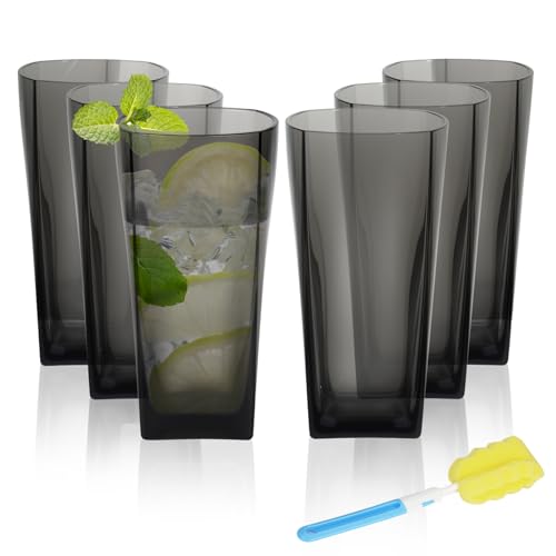 ALIMOTA Wiederverwendbare Trinkgläser, transparent, bruchsichere Kunststoffbecher mit Reinigungsbürste, bruchsichere Acrylgläser, BPA-frei, 6 Stück (590 ml, Grau) von ALIMOTA