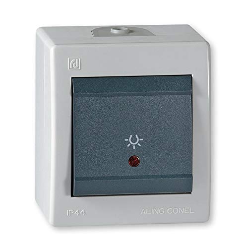 ALING-CONEL Aufputz Taster mit Lichtsymbol und Glimmlampe 10AX/250V~ / IP 44 - Grau von ALING-CONEL