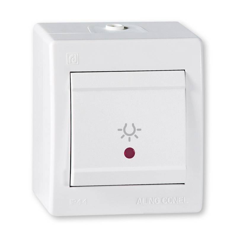 Aling-Conel Aufputz Taster mit Lichtsymbol und Glimmlampe 10AX250V IP 44 Weiß von ALING-CONEL