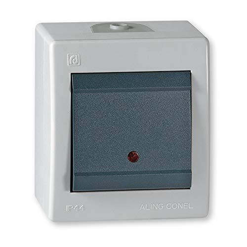 ALING-CONEL Ein/Aus Aufputz Schalter mit Glimmlampe (Kontrollleuchte) 10AX/250V~ / IP 44 - Grau von ALING-CONEL