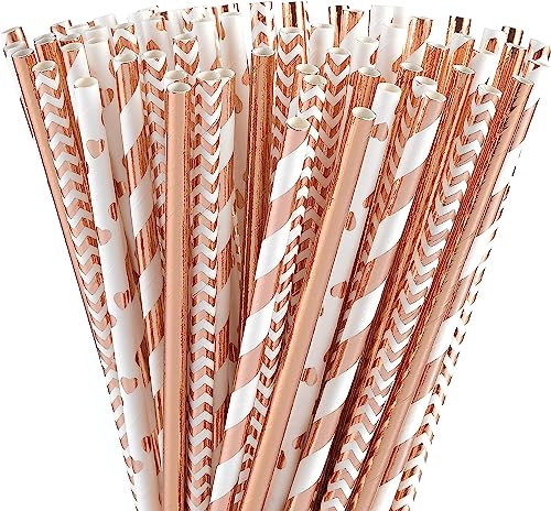 ALINK 100 pcsRoségold Papier Trinkhalm Hen Party Papierstrohhalme RoseGold Paper Straws 4 Styles Plastikfrei Strohhalme für JGA, Hochzeit, Geburtstag, Partyzubehör von ALINK