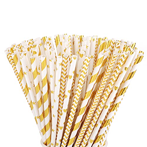 ALINK 100pcs Strohhalm Papier,Gold Trinkhalme Gold Weiß gestreifte Papierstrohhalme Punkt Halme plastikfrei biologisch abbaubare strohhalme cocktail für Hochzeit Geburtstag Party Dekorationen von ALINK
