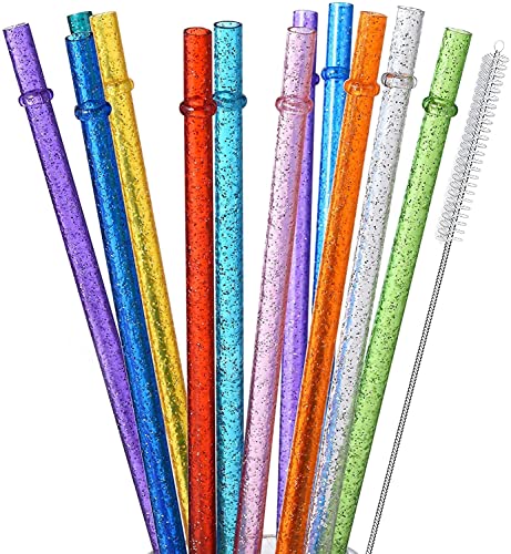 ALINK 12er-Pack Glitzer-wiederverwendbare durchsichtige Kunststoff-Strohhalme, 27,9 cm lange harte Tumbler-Trinkhalme mit Reinigungsbürste (12 Farben) von ALINK