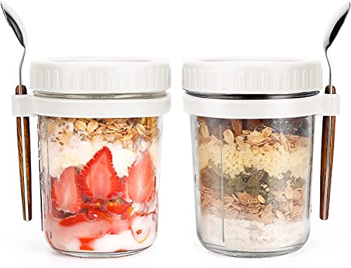 ALINK 2 Pack Overnight Oats Gläser, Overnight Oats Container mit Deckel und Löffel, 296 ml/10 oz Getreide, Milch, Gemüse und Obst Salat Lagerbehälter mit Messmarken (WEISS) von ALINK