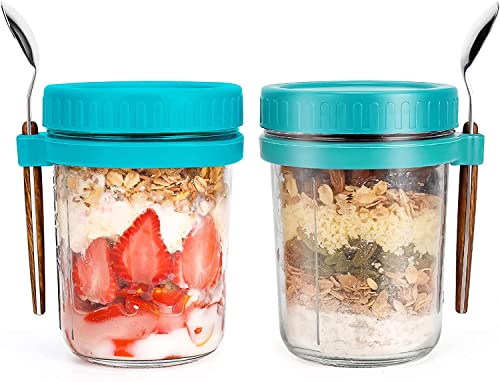 ALINK 2 Pack Overnight Oats Gläser, Overnight Oats Container mit Deckel und Löffel, 296ML Getreide, Milch, Gemüse und Obstsalat Lagerbehälter mit Messmarken (Grün von ALINK