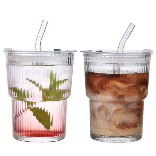 ALINK 2 Stück 400ml Glasbecher mit Deckel und Strohhalm, Glas Smoothie Becher mit Strohhalm, Luftdicht Wasserdicht Design Kaffeebecher Travel Mug, Eiskaffee Becher, Trinkglas von ALINK