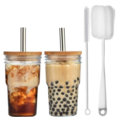 ALINK 2 Stück Bubble Tea Becher mit Strohhalm, 475ml Boba Tea Glas, Smoothie-Becher mit Deckel, Weithals Iced Coffee Glas für Milchshakes, Säfte, Smoothies, Biere von ALINK