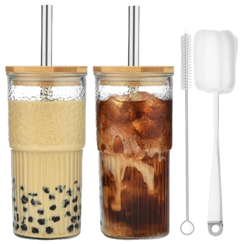 ALINK 2 Stück 600 ML Transparente Gestreifte Glas Wasserbecher mit Deckel,gerippte trinkgläser,Wassergläser,Longdrinkgläser,Eiskaffee becher,Bubble Tea Becher von ALINK