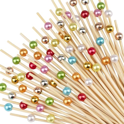 ALINK 200 Stück Cocktailspieße Naturholzspieße mit Gold Acrylperle Holz Zahnstocher Cocktailsticks, Cocktail Pick,Food Sticks für Bar Party, Grillen Snacks, Obst-Spieß, Antipasti(12cm)(Farbig) von ALINK