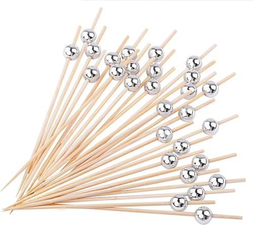 ALINK 200 Stück Cocktailspieße Naturholzspieße mit Gold Acrylperle Holz Zahnstocher Cocktailsticks, Cocktail Pick,Food Sticks für Bar Party, Grillen Snacks, Obst-Spieß, Antipasti(12cm)(Silbrig) von ALINK