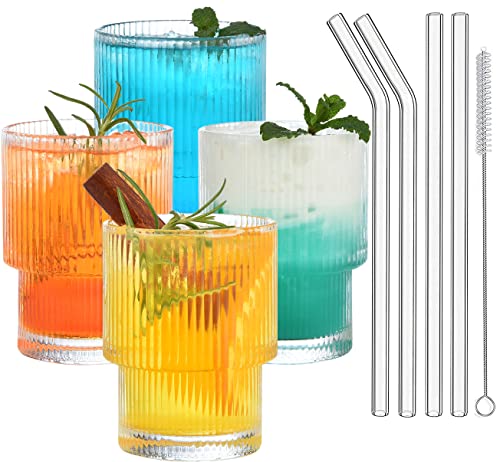 ALINK 200ml Mini gerippt Trinkgläser mit Glas Strohhalme 4pcs Set, Wassergläser,Longdrinkgläser,Trinkgläser,Vintage Eiskaffee Tassen, für Coocktail, Whiskey, Bier - Reinigungsbürste von ALINK