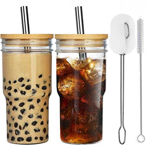 ALINK 2er-Pack Glasbecher mit Bambusdeckel und Trinkhalmen, 625 ml Einmachglas Glasbecher, wiederverwendbare Boba-Tassen, Eiskaffee-Trinkgläser für Bubble Tea, Smoothies, Saft – 2 Reinigungsbürsten von ALINK