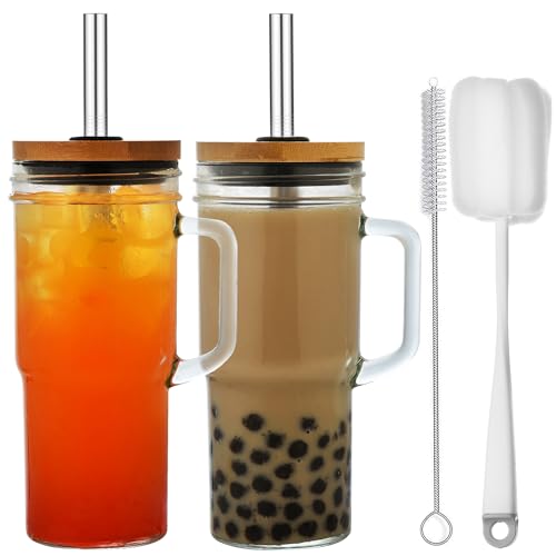 ALINK 2pcs 710ML Becher mit Griff, Deckel und Strohhalm - wiederverwendbare Mason Jar Trinkgläser für Eiskaffee, Smoothies, Bier, Saft und Tee - mit 2 Bürsten von ALINK