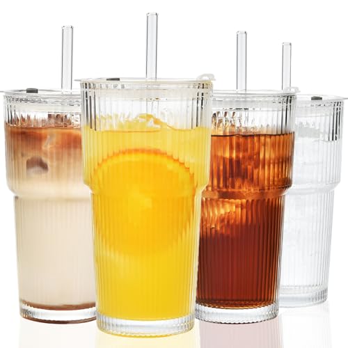 ALINK 4 Stück 600ml Gerippte Glasbecher mit Deckel und Strohhalm, dickwandige und robuste Smoothie Becher aus hochwertigem Glas, luftdichtes und wasserdichtes Design, ideal als Kaffee ALINK 4 Stück 600ml Gerippte Glasbecher mit Deckel und Strohhalm, dickwandige und robuste Smoothie Becher aus hochwertigem Glas, luftdichtes und wasserdichtes Design, ideal als Kaffee von ALINK
