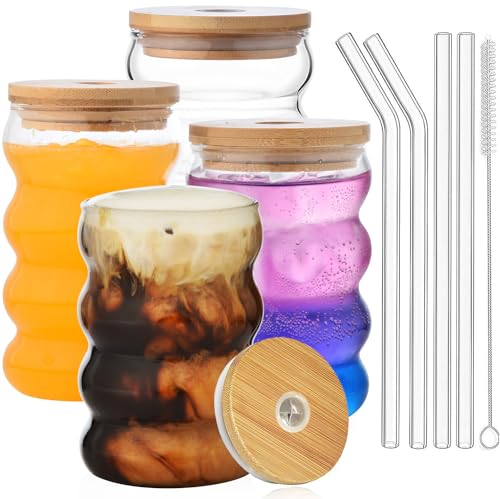 Alink Trinkgläser mit Deckel und Trinkhalmen, wellenförmige Luftblasen-Trinkglasbecher, Biergläser, Eiskaffeegläser, Cocktailgläser, Wasserbecher mit Bürste, 473 ml, 4 Stück von ALINK