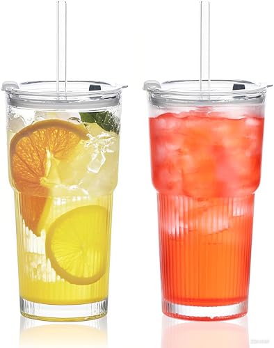 ALINK 600ml Glas mit Deckel und Strohhalm 2 Stück, Gerippte Glasbecher mit Deckel und Strohhalm für Eiskaffee, Saft, Smoothies & Kaltgetränke, Spülmaschinengeeignet & auslaufsicher von ALINK