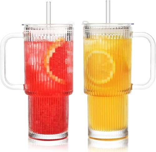ALINK 760 ML gerippter Glasbecher mit Griffdeckel und Strohhalm, 2 Pack gerippte große Eiskaffeebecher mit Strohhalm, ästhetischer Glas-Reisebecher für Smoothies, Tee und Saft - klar ALINK 760 ML gerippter Glasbecher mit Griffdeckel und Strohhalm, 2 Pack gerippte große Eiskaffeebecher mit Strohhalm, ästhetischer Glas-Reisebecher für Smoothies, Tee und Saft - klar von ALINK