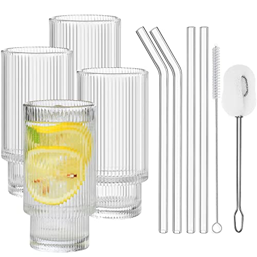 ALINK Bierdosengläser mit Glas-Trinkhalmen, 4-teiliges Set, Vintage, gewellt, Eiskaffee-Gläser, Origami-Stil, Glasbecher für Coocktail, Whiskey, Limonade, Wasser, Geschenke – 2 Reinigungsbürsten von ALINK