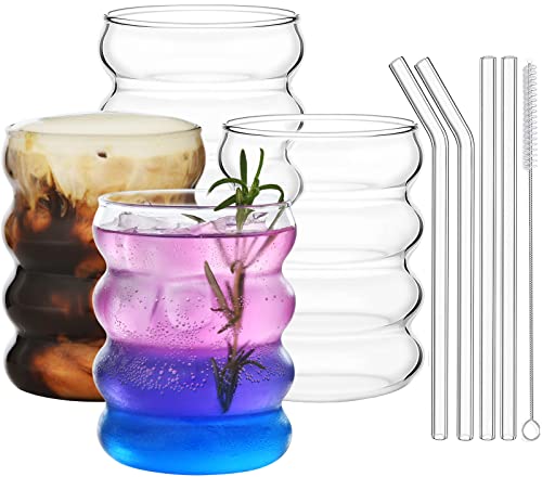 ALINK Gerippte Trinkgläser mit Glasstrohhalmen 4er Set, 350ml Eiskaffeegläser, Wave Gläser Tumbler, Wassergläser,Longdrinkgläser,Trinkgläser, für Cocktail,Wasser, Soda, Geschenk mit Pinsel von ALINK