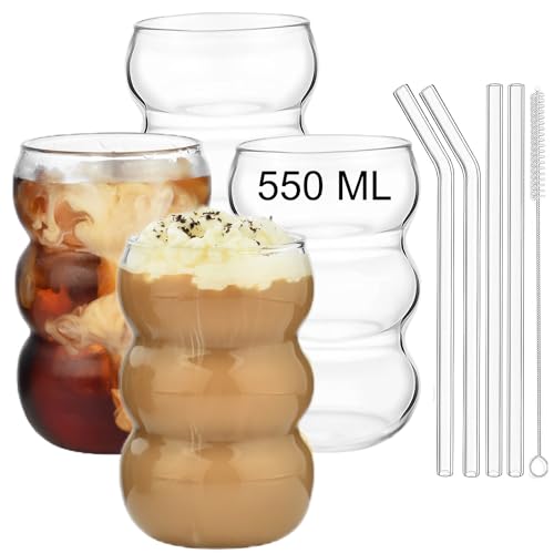 ALINK Bubble Gläs 4er Set Trinkglas,550ml gerippte trinkgläser,wave glas,Latte Macchiato Gläser,Eiskaffee Gläser,Longdrinkgläser Cocktailgläser von ALINK