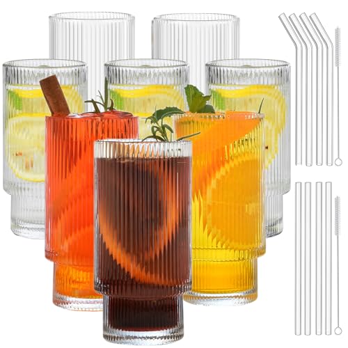 ALINK Cocktail Glasses, Set of 8,gerippte trinkgläser,Wassergläser,Longdrinkgläser,Iced Coffee Glasses with Straw, 2 Cleaning Brushes, for Family, Camping, Party, Bar-310 ML von ALINK