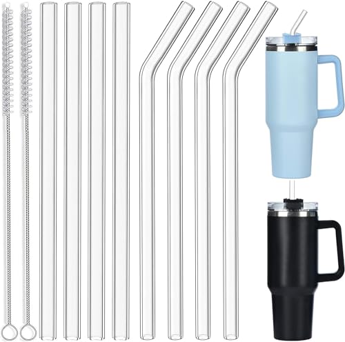 ALINK Glasstrohhalme 31cm Lange Durchmesser 1cm für Stanley Adventure Quencher Reisebecher 40oz, 8 Stück Ersatz Trinkhalme mit 2 Reinigungsbürsten, Transparent (4 gerade + 4 gebogen) von ALINK