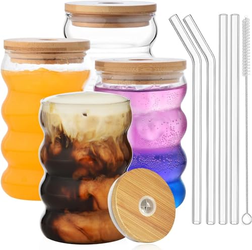 ALINK Plus Size Gerippte Trinkgläser mit Deckel und Strohhalm 4er Set, 530ml bubble glas,Eiskaffeegläser, wave glas, Wassergläser,Longdrinkgläser für Cocktail,Wasser, Soda, Geschenk von ALINK
