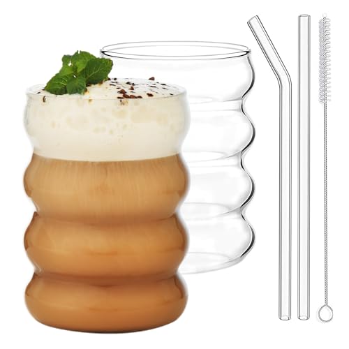 ALINK Plus Size Gerippte Trinkgläser mit Glasstrohhalmen 2er Set, 530ml bubble glas,Eiskaffeegläser, wave glas, Wassergläser,Longdrinkgläser für Cocktail,Wasser, Soda, Geschenk von ALINK