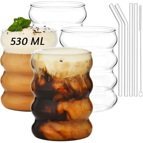 ALINK Plus Size Gerippte Trinkgläser mit Glasstrohhalmen 4er Set, 530ml bubble glas,Eiskaffeegläser, wave glas, Wassergläser,Longdrinkgläser für Cocktail,Wasser, Soda, Geschenk von ALINK