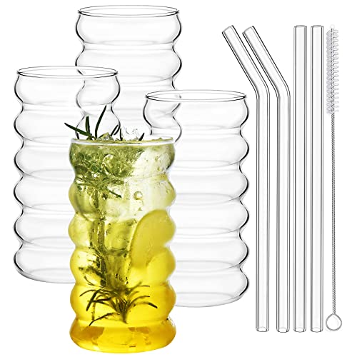 ALINK gerippte trinkgläser Set of 4 with Glass Straws-475 ML, bubble gläser, wave gläser, Wassergläser,Longdrinkgläser,Trinkgläser,Cocktail Gläser for Milk,Soda von ALINK