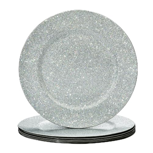 ALINK Wiederverwendbar Glitzerndem Silberne Platzteller, Ladegerät für Speiseteller, 33 cm, Kunststoff Ladegeräte für Hochzeiten, Weihnachten und Partys-6 Stück von ALINK