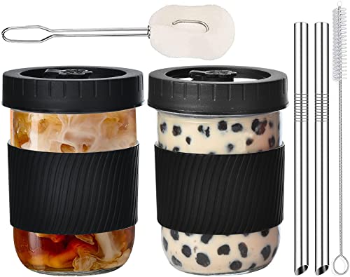 ALINK Wiederverwendbare Boba Cup Bubble Tea Cups, 473 ml breite Öffnung Smoothie Cups mit Deckel, auslaufsichere Glas Mason Jars Trinkwasserflasche Reisebecher, Schwarz von ALINK