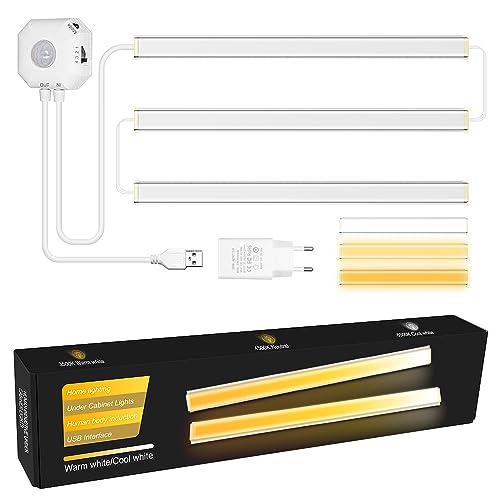 ALITOVE 5V LED-Schrankbeleuchtung 3 Packungen Verknüpfbare Unterbauleuchte Küche 30cm mit Bewegungssensor Nachtlicht 3 Farben Dimmbar LED Lichtleiste für Kleiderschrank Treppe Küche von ALITOVE