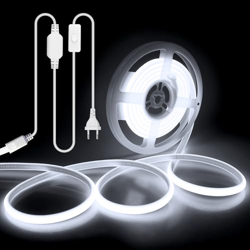 ALITOVE COB LED Streifen 3M Kaltweiß 6000K LED Band Aussenbereich Wasserdicht 230V Stecker mit Schalter für Schlafzimmer Garten Terrasse Pool DIY-Beleuchtung und Heimdekoration von ALITOVE