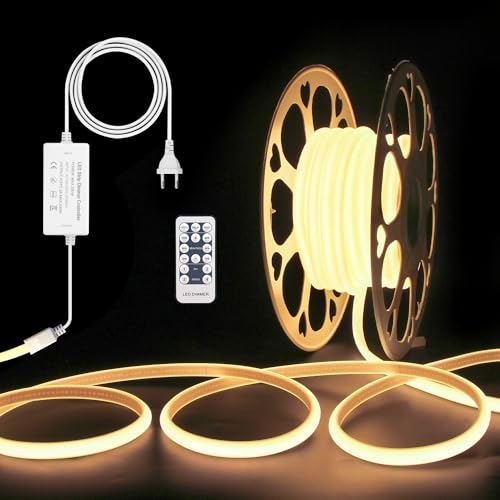 ALITOVE Dimmbar LED Streifen 10M 230V Direktanschluss Warmweiß 3000K COB LED Stripe Aussenbereich Wasserdicht für Schlafzimmer Garten Terrasse Pool DIY-Beleuchtung und Heimdekoration von ALITOVE