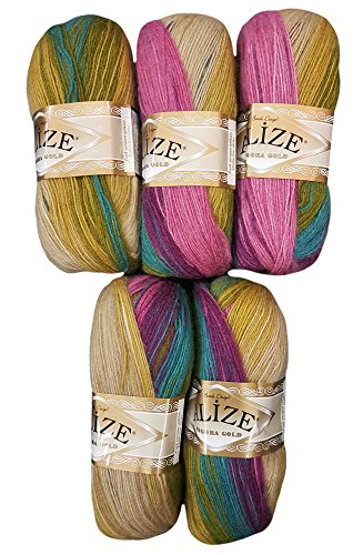 5 x 100 g Alize Strickwolle mehrfarbig mit Farbverlauf, 500 Gramm Strickgarn mit 20% Wolle-Anteil (beere flieder ocker u.a. 4341) von Alize