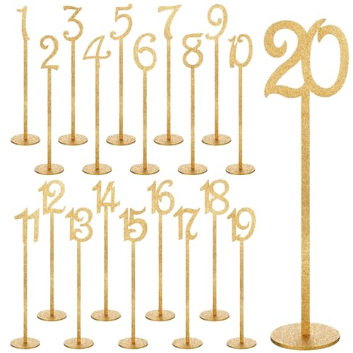 Tischnummern – 20 Stück Holz-Tischnummern 1–20, Holznummer mit Halterbasis, rustikale Hochzeitsdekoration, Holzschild, Tischnummern (Color : Gold, Size : 1-20) von ALJHQL