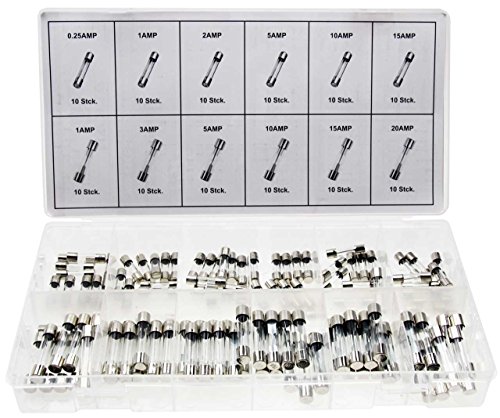 120 Glassicherungen 0,25A (250mA) - 20A (Amper) Sicherung Set Gerätesicherungen Satz Feinsicherungen Sortiment (im wiederverwendbaren Aufbewahrungsbox/Sortimentsbox/Sortierkasten) von ALKAN